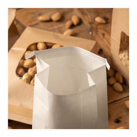 SACS SOS AUTO-FERMETURE AVEC FENÊTRE 2500 GR 60 G/M2 + 25µ OPP 15,5+7x24,2 CM BLANC CELLULOSE (500 UNITÉ)