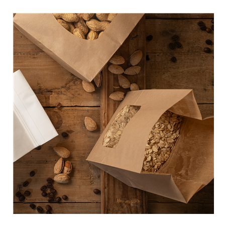 SACS SOS AVEC FENÊTRE 2300 GR 60 G/M2 + 25µ OPP 13+8x23,5 CM NATUREL KRAFT (500 UNITÉ)