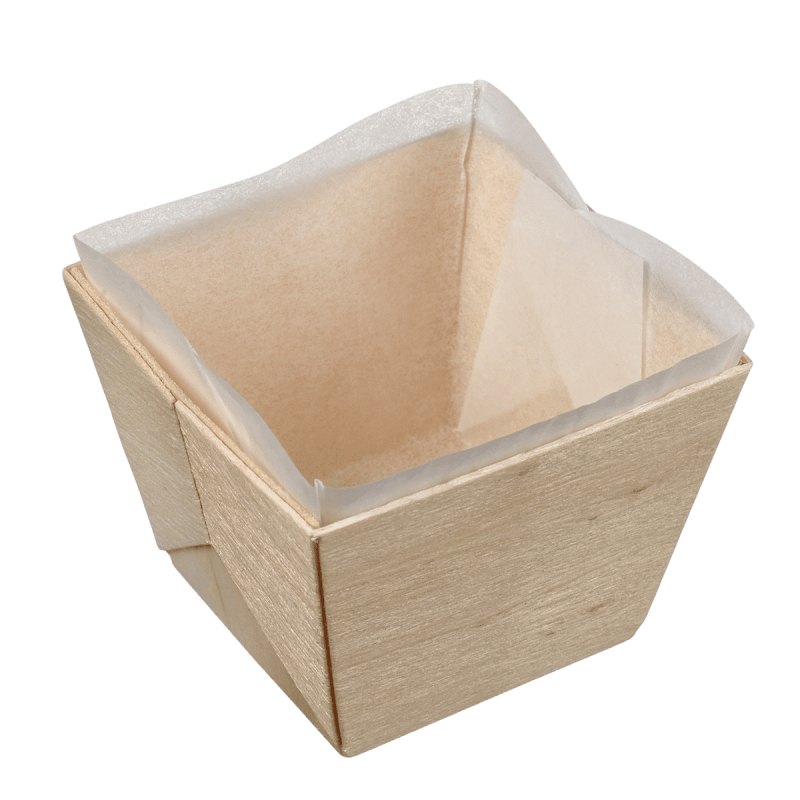 Barquette bois carrée haute + papier cuisson 180 ml Barquette bois carrée haute + papier cuisson 180 ml