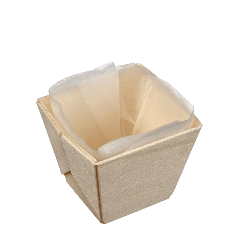 Barquette bois carrée haute + papier cuisson 65 ml