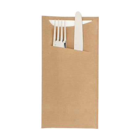 Image SACS COUVERTS + SERVIETTE 'JUST IN TIME' 80 + 10PE G/M2 11,2x22,5 CM NATUREL KRAFT VERGÉ (400 UNITÉ) #1