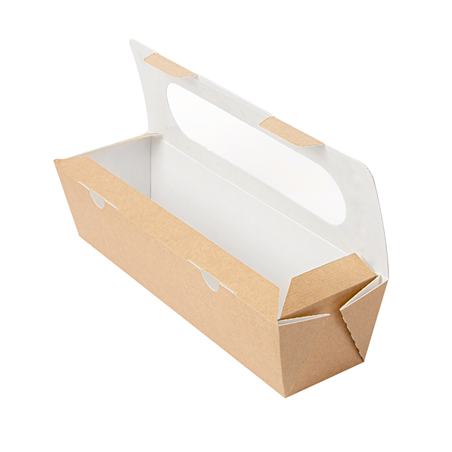 BOÎTES SANDWICH AVEC FENÊTRE - BAGUETTE 'THEPACK' 220 G/M2 + OPP 27,5x8x6,2 CM NATUREL CARTON ONDULÉ NANO-MICRO (200 UNITÉ)
