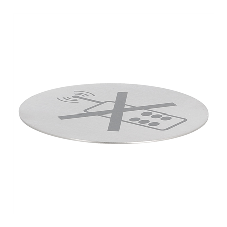 PLAQUE AUTO-ADHESIVE "PAS DE TELEPHONE"  Ø 7,5 CM ARGENTE INOX (1 UNITÉ)