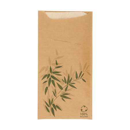 Image SACS COUVERTS + SERVIETTE 'JUST IN TIME - FEEL GREEN' 80 + 10PE G/M2 11,2x22,5 CM NATUREL KRAFT VERGÉ (400 UNITÉ) #1