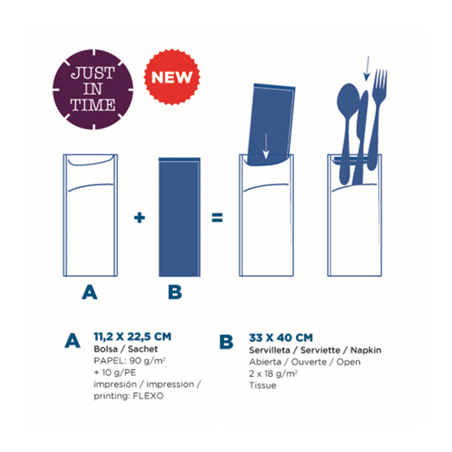 SACS COUVERTS + SERVIETTE 'JUST IN TIME' 80 + 10PE G/M2 11,2x22,5 CM BORDEAUX KRAFT VERGÉ (400 UNITÉ)
