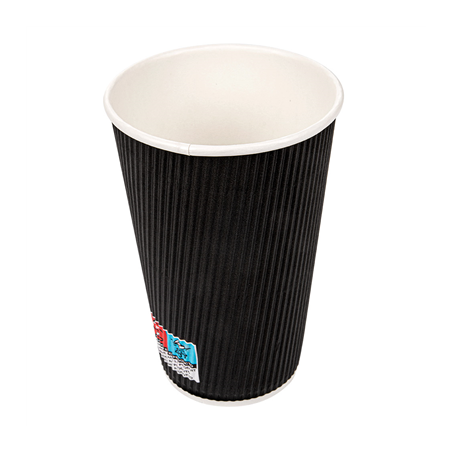 Image GOBELETS BOISSONS CHAUDES DOUBLE PAROI ONDULÉ 480 ML 300 + 250 + 18 PE G/M2 Ø9/6x13,2 CM NOIR CARTON (500 UNITÉ) #1