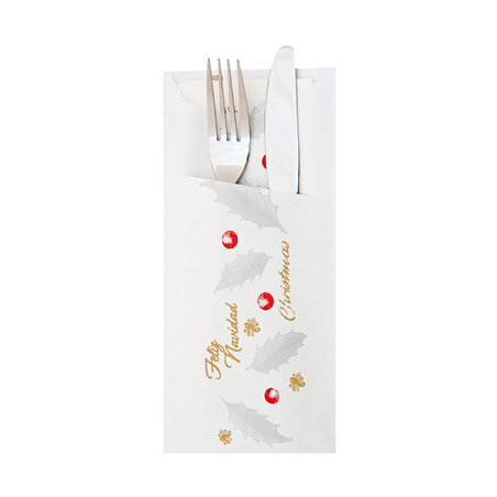 Image SACHET POUR COUVERTS + SERV.BLANCHE 'NOËL' 90 G/M2 33 x 40 CM BLANC CELLULOSE (250 UNITÉ) #1