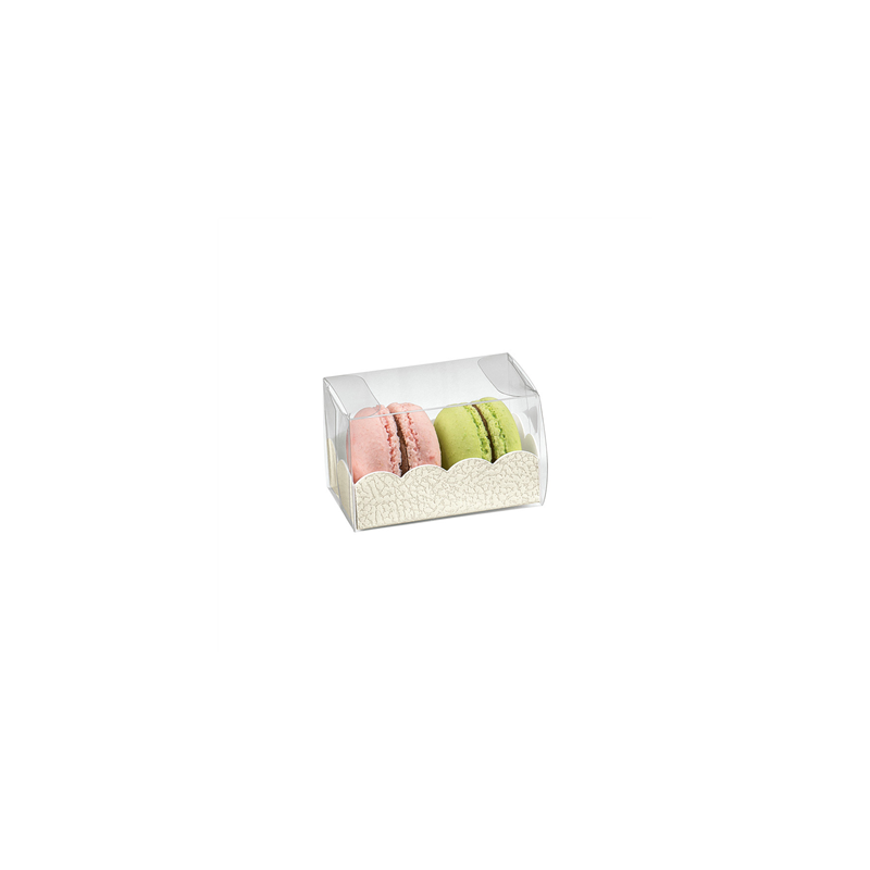BOÎTES MACARONS + BASES BRISTOL  8x5x5 CM TRANSPARENT PET (200 UNITÉ)