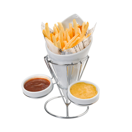 Image STANDS INOX+1 CÔNE+2 RAMEQUINS  Ø 12x22,5 CM BLANC PORCELAINE (12 UNITÉ) #1