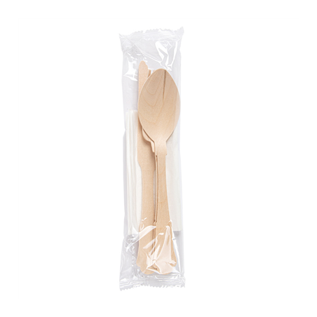 SET 4/1 FOURCHETTE, COUTEAU, CUILLÈRE, SERVIETTE 'CLASSIC'  20 CM NATUREL BOIS (100 UNITÉ)