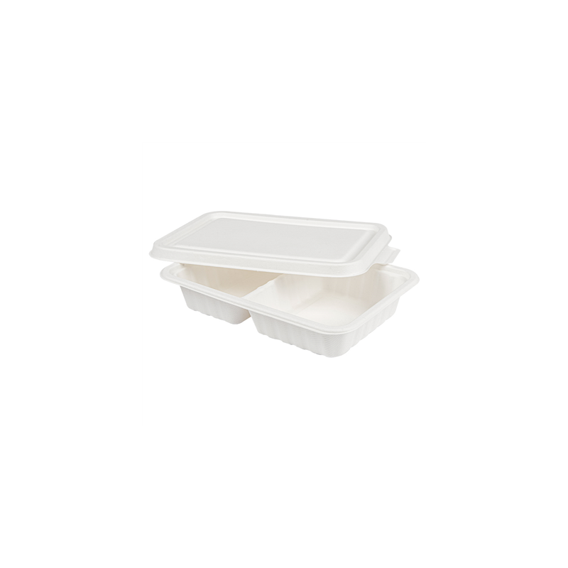 PLATEAUX 2 COMPART + COUVERCLE 'BIONIC' 800 ML 23,3x14,6x6 CM BLANC BAGASSE (400 UNITÉ)