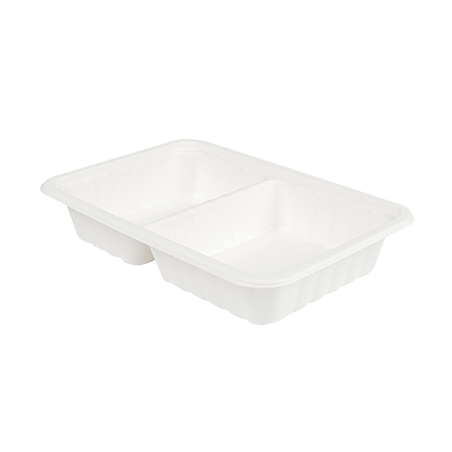 PLATEAUX 2 COMPART + COUVERCLE 'BIONIC' 800 ML 23,3x14,6x6 CM BLANC BAGASSE (400 UNITÉ)