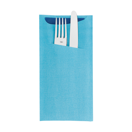 SACS COUVERTS + SERVIETTE AIRLAID BLEU 33x40 CM 'JUST IN TIME' 90 + 10PE G/M2 11,2x22,5 CM TURQUOISE CELLULOSE (250 UNITÉ)