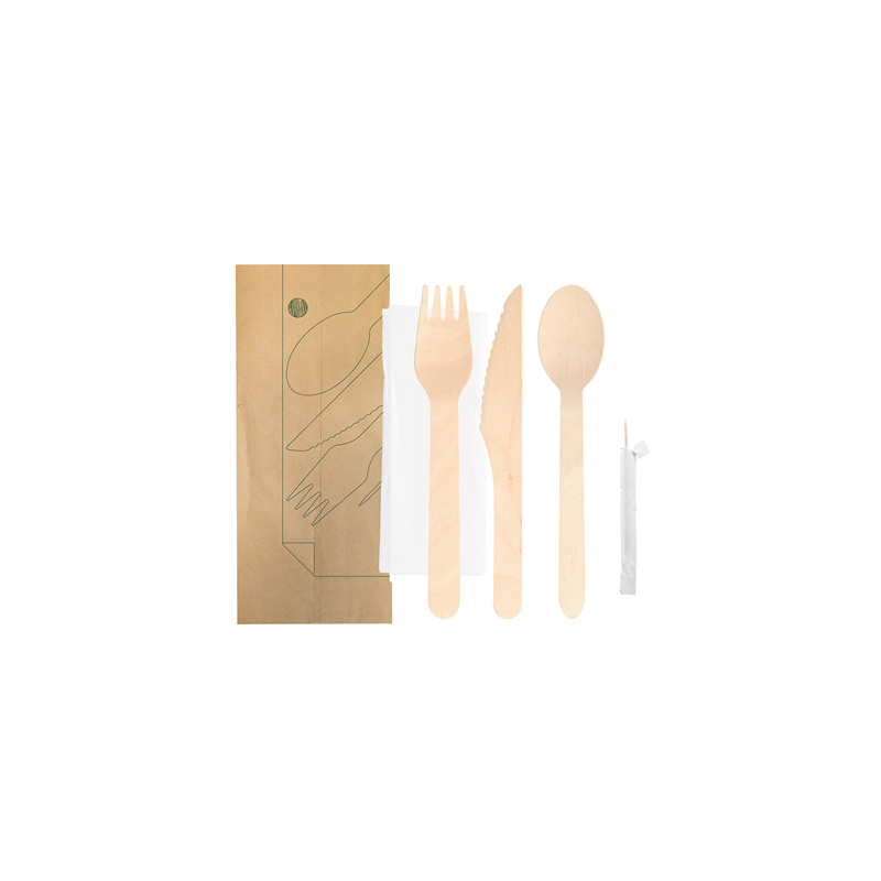 SET 5/1 FOURCHETTE, COUTEAU, CUILLÈRE, SERVIETTE, CURE-DENTS SOUS SACHET 'MAKAN' 16 CM NATUREL BOIS (200 UNITÉ) SET 5/1 FOURCHETTE, COUTEAU, CUILLÈRE, SERVIETTE, CURE-DENTS SOUS SACHET 'MAKAN' 16 CM NATUREL BOIS (200 UNITÉ)