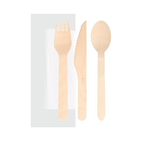 Image SET 4/1 FOURCHETTE, COUTEAU, CUILLÈRE, SERVIETTE 'MAKAN'  16 CM NATUREL BOIS (100 UNITÉ) #1