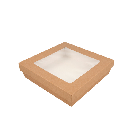 Image PETITES BOÎTES+COUVERCLES AVEC FÊNETRE 1000 ML 290 + 18 PE G/M2 18,5x18,5x4 CM MARRON CARTON (200 UNITÉ) #1