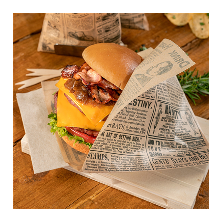 PAPIER INGRAISSABLES OUVERT 2 CÔTÉS FAST FOOD 'TIMES' 34 G/M2 23x25,5 CM NATUREL PARCH.INGRAISSABLE (500 UNITÉ)