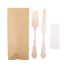 SET 3/1 FOURCHETTE, COUTEAU, SERVIETTE 'CLASSIC' 20 CM NATUREL BOIS (100 UNITÉ)