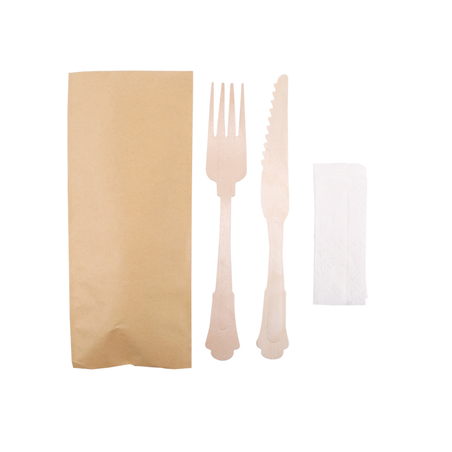 SET 3/1 FOURCHETTE, COUTEAU, SERVIETTE 'CLASSIC'  20 CM NATUREL BOIS (100 UNITÉ)