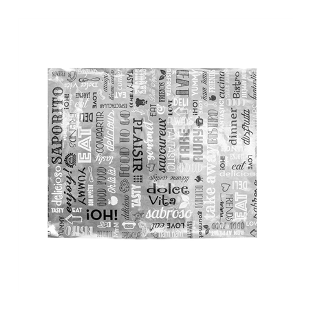 Image PAPIER INGRAISSABLE FAST FOOD 'PAROLE' 35+20 G/M2 28x34 CM ARGENTE PARCHEMIN + ALUMINIUM (1000 UNITÉ) #1