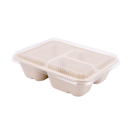 Image PLATEAUX 3 COMPART + COUVERCLE PET 'BIONIC' 950 ML 22x18x5,5+1,3 CM NATUREL BAGASSE (100 UNITÉ) #1