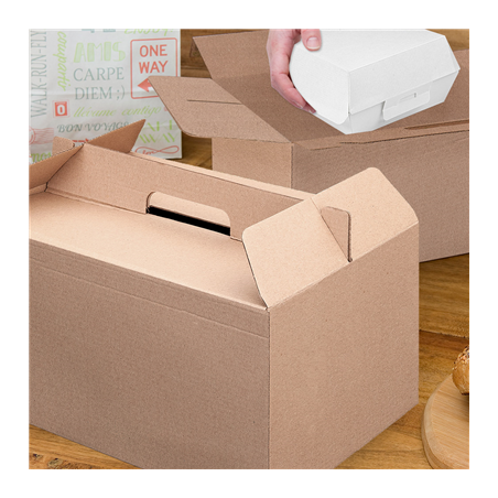 BOÎTES TRANSPORT DE REPAS 'THEPACK' 330 G/M2 28x20x15 CM NATUREL CARTON ONDULÉ MICROCANAL (100 UNITÉ)