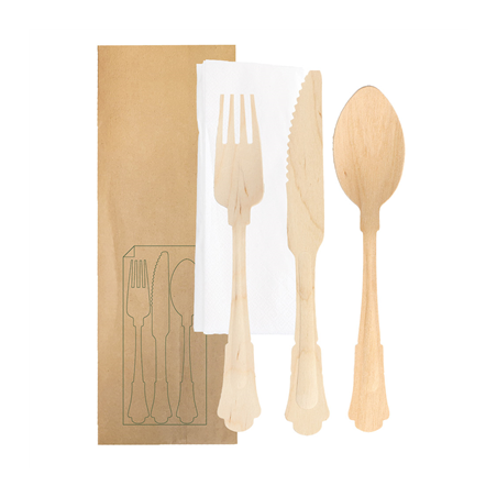 Image SET 4/1 FOURCHETTE, COUTEAU, CUILLÈRE, SERVIETTE 'CLASSIC'  20 CM NATUREL BOIS (100 UNITÉ) #1