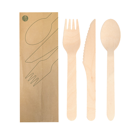 Image SET 3/1 FOURCHETTE, COUTEAU, CUILLÈRE 'MAKAN'  16 CM NATUREL BOIS (100 UNITÉ) #1