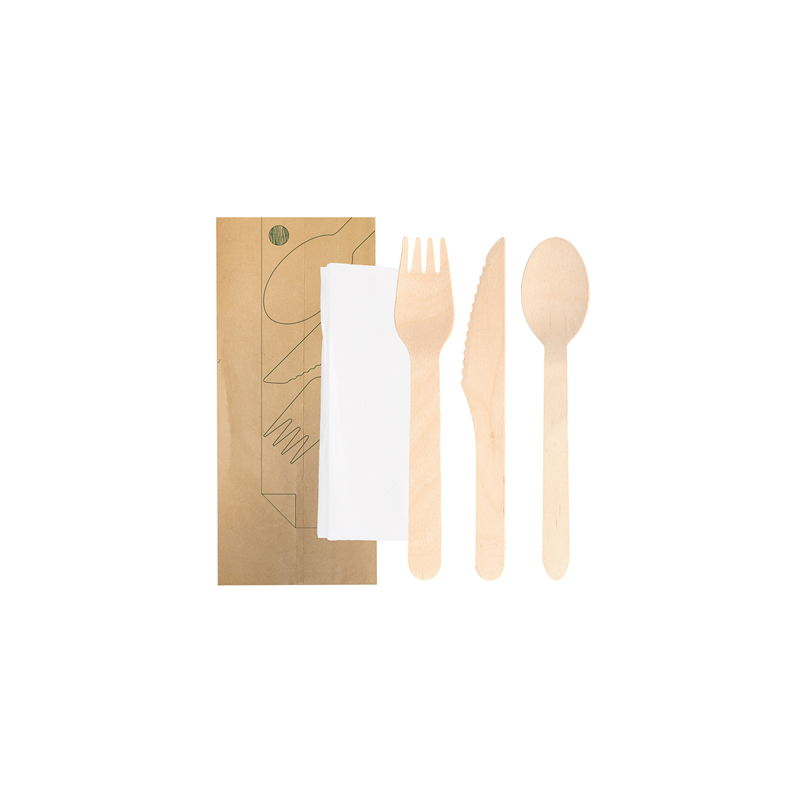 SET 4/1 FOURCHETTE, COUTEAU, CUILLÈRE, SERVIETTE 'MAKAN'  16 CM NATUREL BOIS (100 UNITÉ)