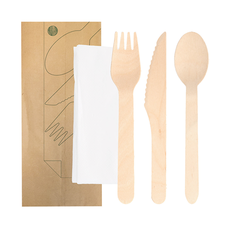 Image SET 4/1 FOURCHETTE, COUTEAU, CUILLÈRE, SERVIETTE 'MAKAN'  16 CM NATUREL BOIS (100 UNITÉ) #1