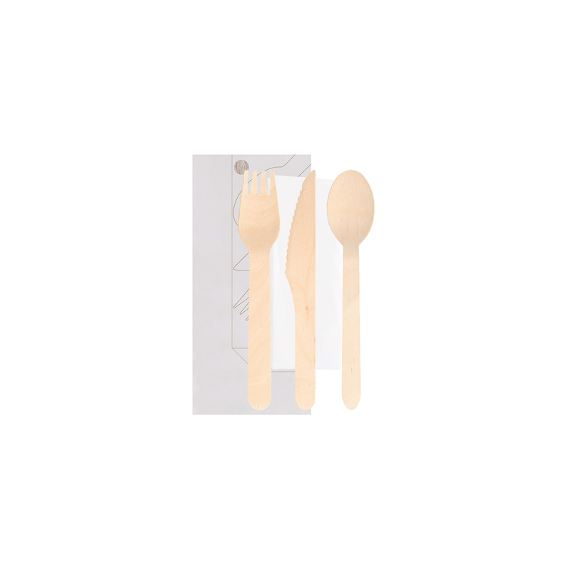 SET 4/1 FOURCHETTE, COUTEAU, CUILLÈRE, SERVIETTE 'MAKAN'  16 CM NATUREL BOIS (100 UNITÉ)