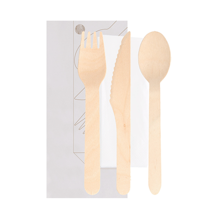 Image SET 4/1 FOURCHETTE, COUTEAU, CUILLÈRE, SERVIETTE 'MAKAN'  16 CM NATUREL BOIS (100 UNITÉ) #1