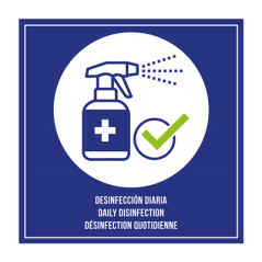 Image PLAQUE AUTO-ADHESIVE "DÉSINFECTION QUOTIDIENNE"  12x12 CM BLEU METACRYLATE (1 UNITÉ) #1