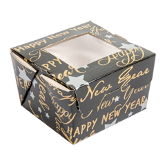 Image PETITES BOÎTES AVEC FENÊTRE 'HAPPY NEW YEAR' 300 ML 300 G/M2 8x7,5x5,5 CM NOIR CARTON (600 UNITÉ) #1