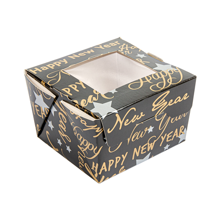 Image PETITES BOÎTES AVEC FENÊTRE 'HAPPY NEW YEAR' 300 ML 300 G/M2 8x7,5x5,5 CM NOIR CARTON (600 UNITÉ) #1