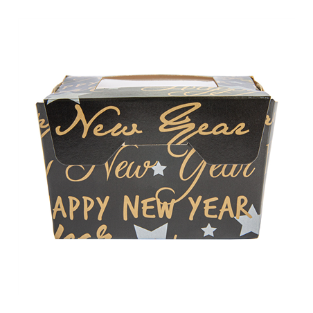 PETITES BOÎTES AVEC FENÊTRE 'HAPPY NEW YEAR' 300 ML 300 G/M2 8x7,5x5,5 CM NOIR CARTON (600 UNITÉ)