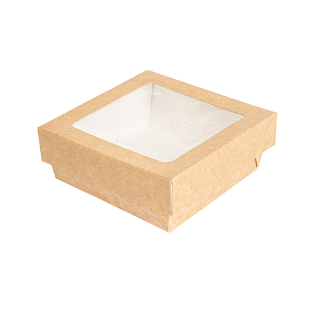 Image PETITES BOÎTES+COUVERCLES AVEC FÊNETRE 350 ML - 11,6 oz 270 + 15 PE G/M2 10x10x4 CM MARRON CARTON (250 UNITÉ) #1