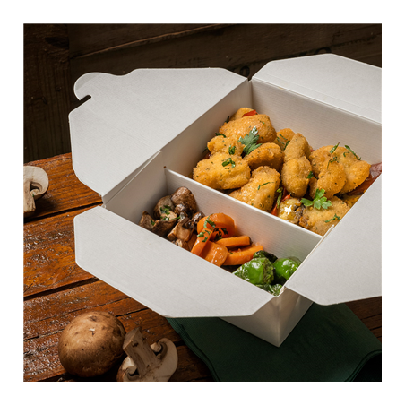 BOÎTES AMÉRICAINES 2 COMPART. 'THEPACK' 1320 + 660 ML 250 + 12PP G/M2 19,6x14x6,2 CM BLANC CARTON ONDULÉ NANO-MICRO (200 UNITÉ)