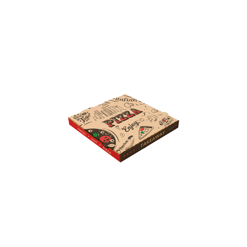 BOÎTES PIZZA 'ENJOY PIZZA' 'THEPACK' 330 G/M2 29x29x3,8 CM NATUREL CARTON ONDULÉ MICROCANAL (100 UNITÉ)