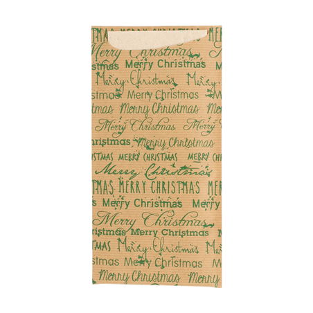 Image SACHETS COUVERTS+SERV.RÉCYC.2P 'MERRY CHRISTMAS' 80 + 10 PE G/M2 11,2x22,5 CM MARRON CELLULOSE (250 UNITÉ) #1