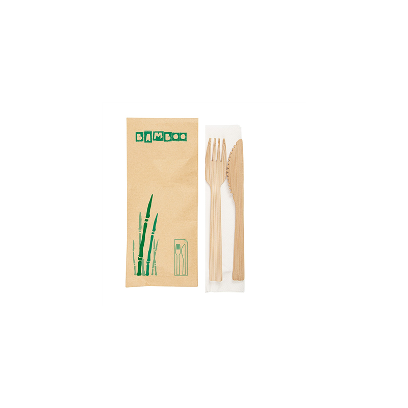 SET 3/1 FOURCHETTE, COUTEAU, SERVIETTE  17 CM NATUREL BAMBOU (50 UNITÉ)
