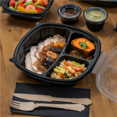 RÉCIPIENTS AVEC COUVERCLE CHARNIÈRE 3 COMPARTIMENTS MICRO-ONDABLES 1350 ML 24,9x25,8x7,2 CM NOIR PP (100 UNITÉ)