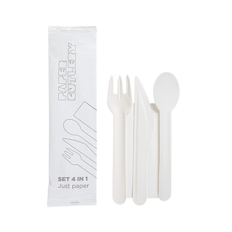 Image SET 4/1 FOURCHETTE, COUTEAU, CUILLÈRE, SERVIETTE 'PAPER CUTLERY'  15,8 CM BLANC PAPIER (100 UNITÉ) #1